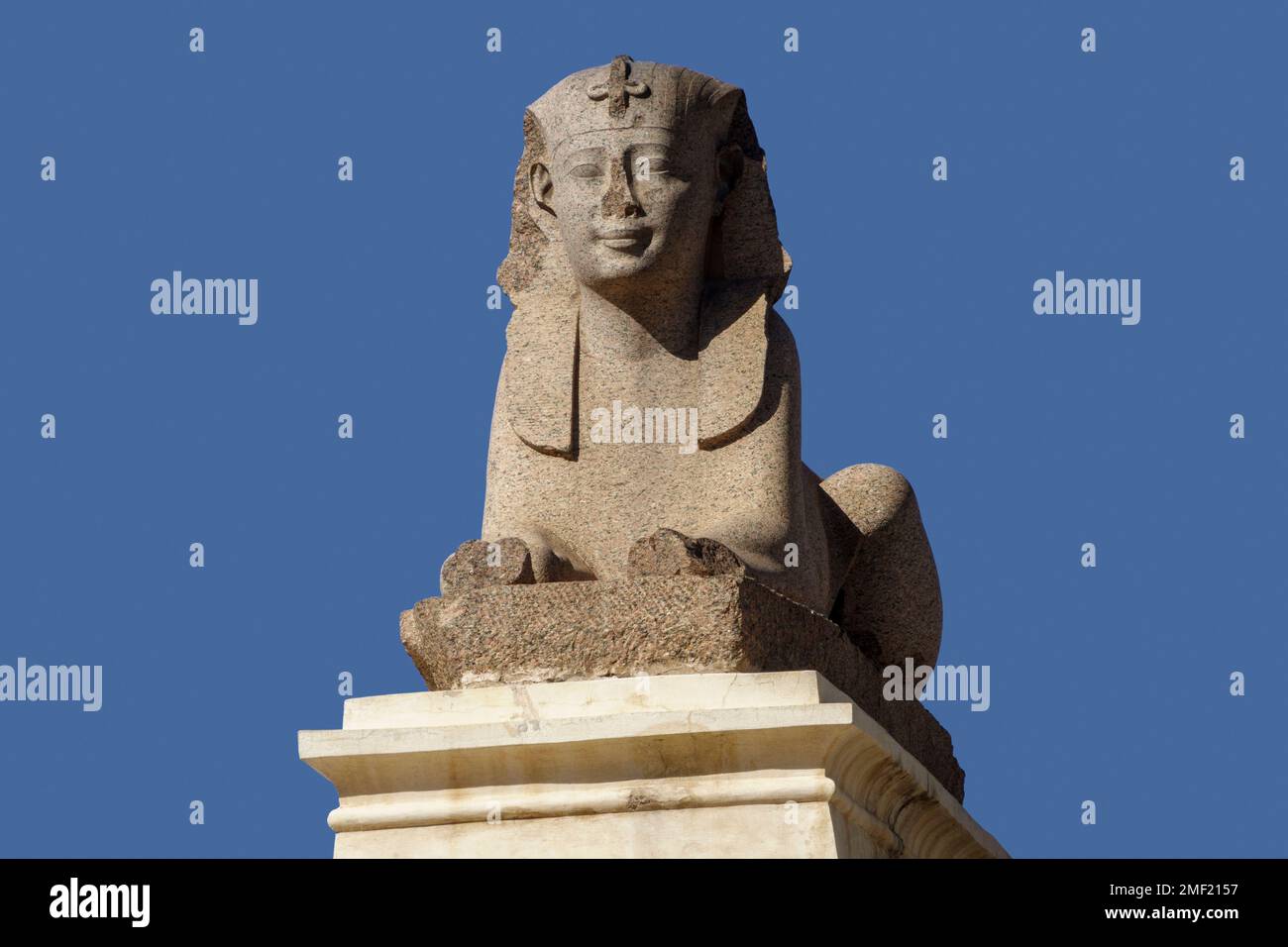 La Columna de Pompeyo y la esfinge sitio del templo de Serapide en el trimestre Karmous en el suroeste de la ciudad de Alejandría, Egipto Foto de stock