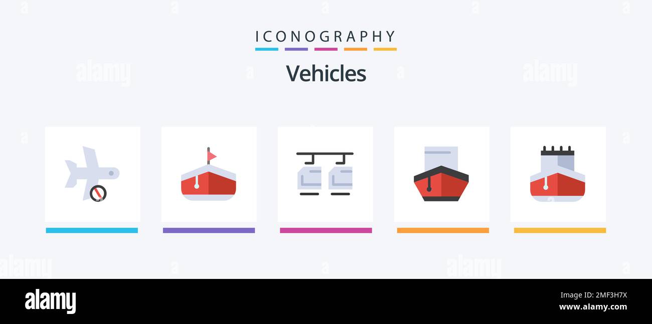 Vehículos Flat 5 Icon Pack incluyendo vela. transporte. cable. transporte. carga. Diseño de iconos creativos Ilustración del Vector
