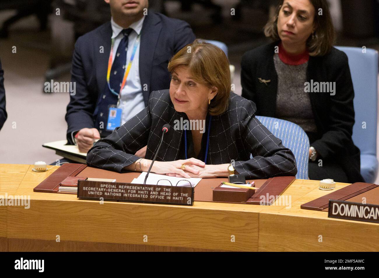 (230124) -- NACIONES UNIDAS, 24 de enero de 2023 (Xinhua) -- Helen La Lime (Front), representante especial del secretario General de la ONU y jefe de la Oficina Integrada de la ONU en Haití, informa al Consejo de Seguridad en la sede de la ONU en Nueva York, el 24 de enero de 2023. El principal enviado de la ONU para Haití dijo el martes que la nación caribeña enfrenta una prolongada crisis humanitaria y de seguridad. (Manuel El¨ªas/Foto de la ONU/Folleto vía Xinhua) Foto de stock