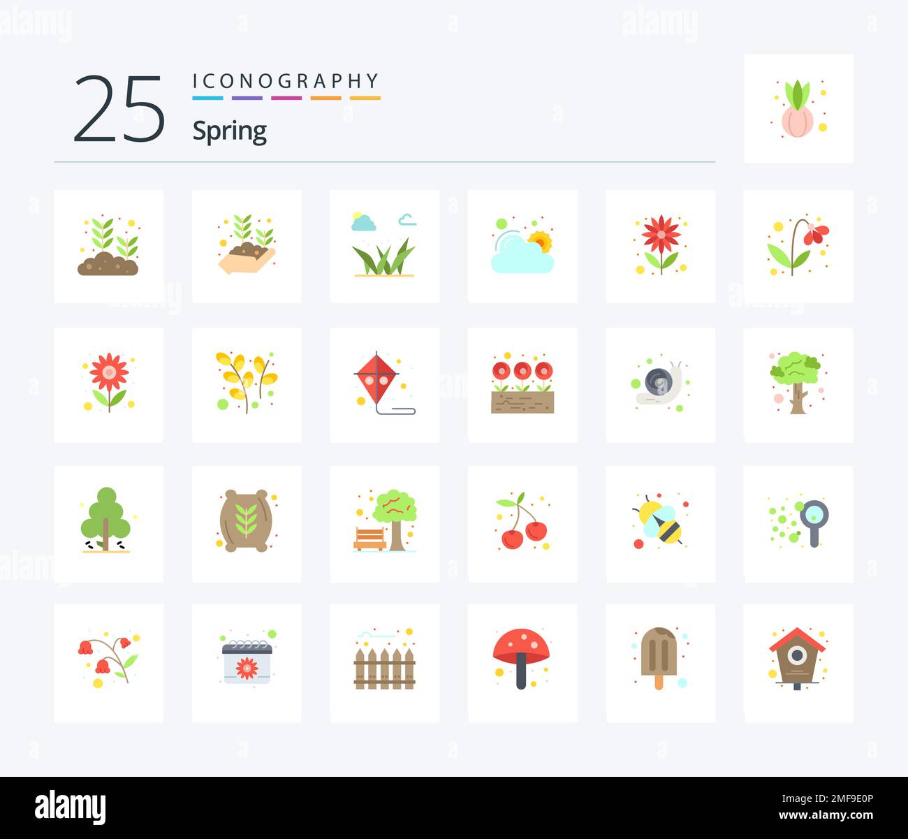 Paquete de iconos de color plano de primavera de 25, incluida la flor. clima. mano en crecimiento. dom. muelle Ilustración del Vector