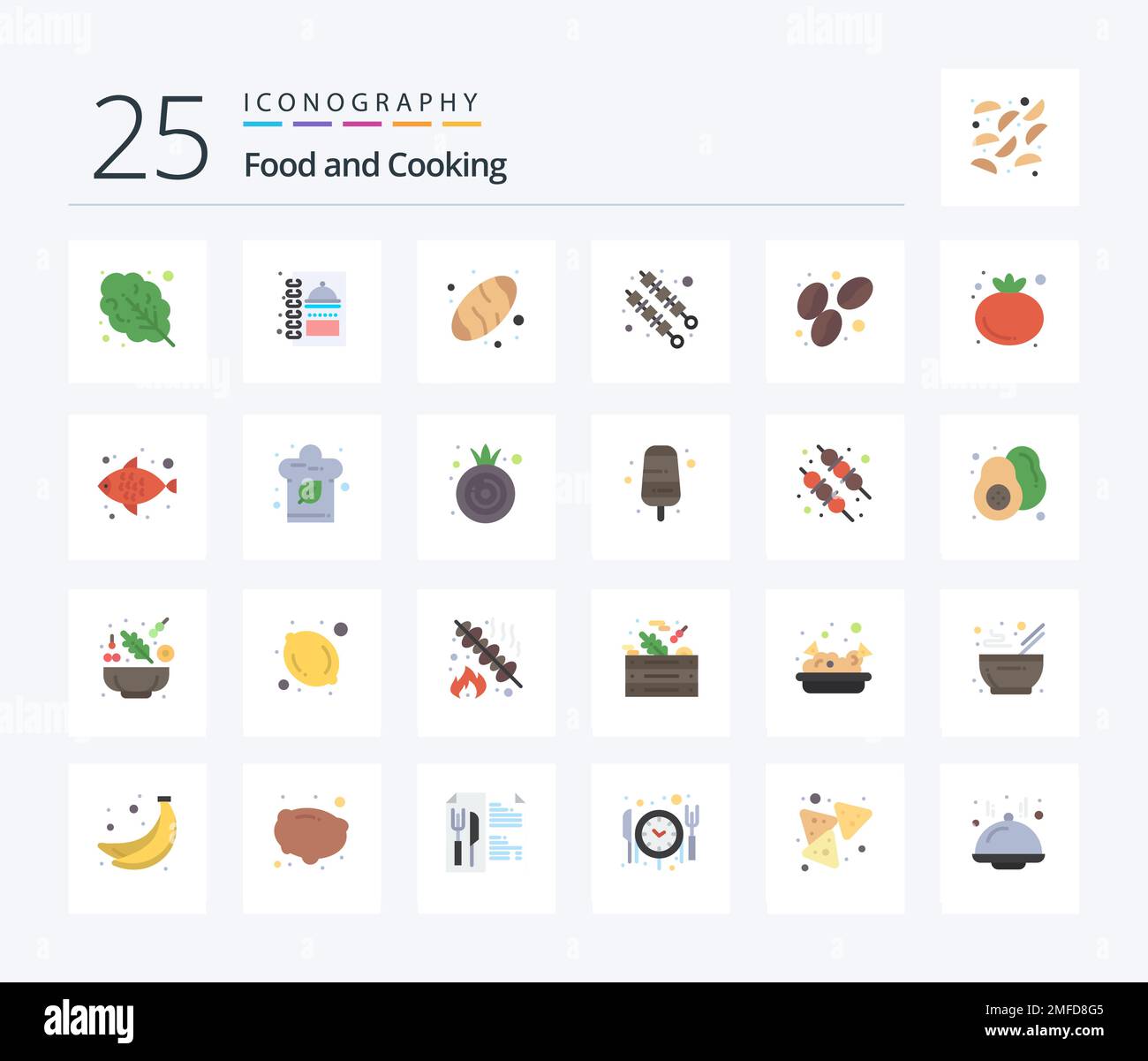 Comida 25 Paquete de iconos de color plano que incluye tomate. comida. pan. café. kebab Ilustración del Vector