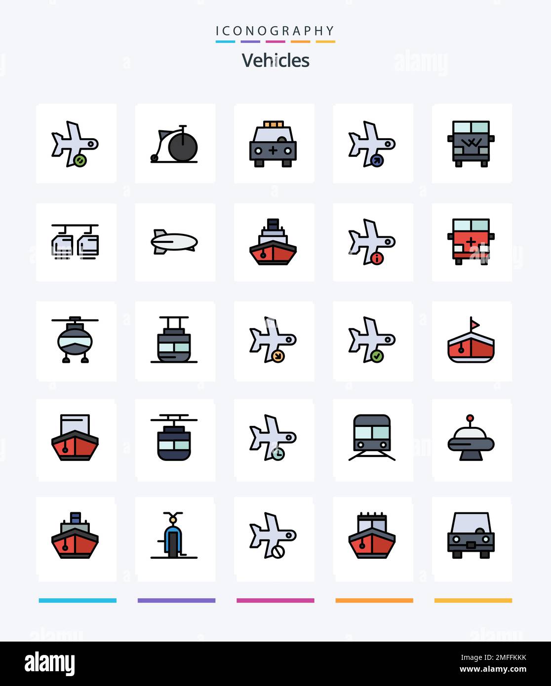 Creative Vehicles Pack de iconos rellenos de 25 líneas, como Take. apagado. rueda. vuelo. transporte Ilustración del Vector