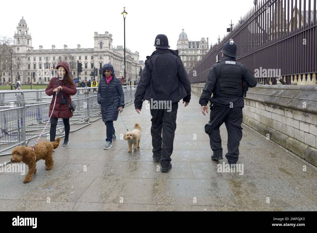 Londres, Inglaterra, Reino Unido. Oficiales de policía en Westminster pasando por las Casas del Parlamento Foto de stock