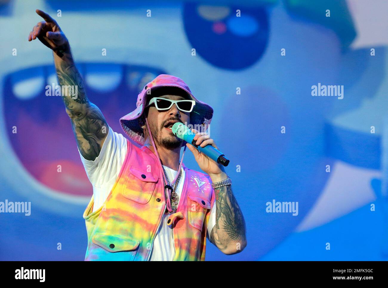FILE - Singer J Balvin performs during the Coca-Cola Flow Reggaeton  festival in Mexico City on Nov. 23, 2019. Latin trap kings Bad Bunny and J  Balvin have a chance of winning
