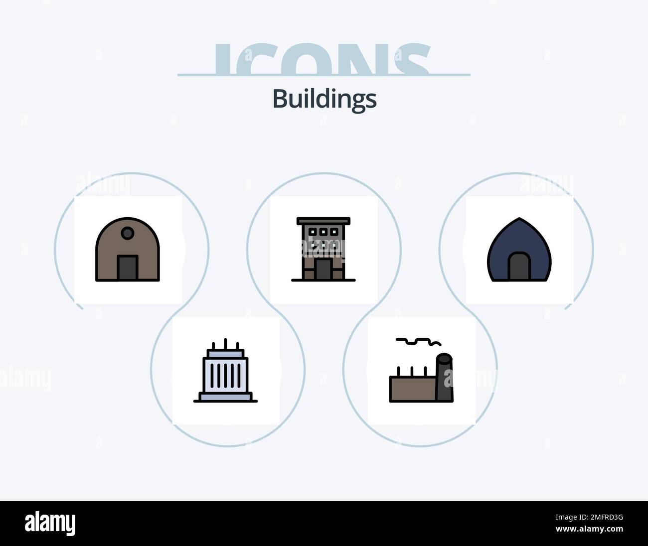 Línea de edificios llena Icon Pack 5 Icon Design. almacenar. frente de la tienda. bloques de oficina. casa. mezquita Ilustración del Vector