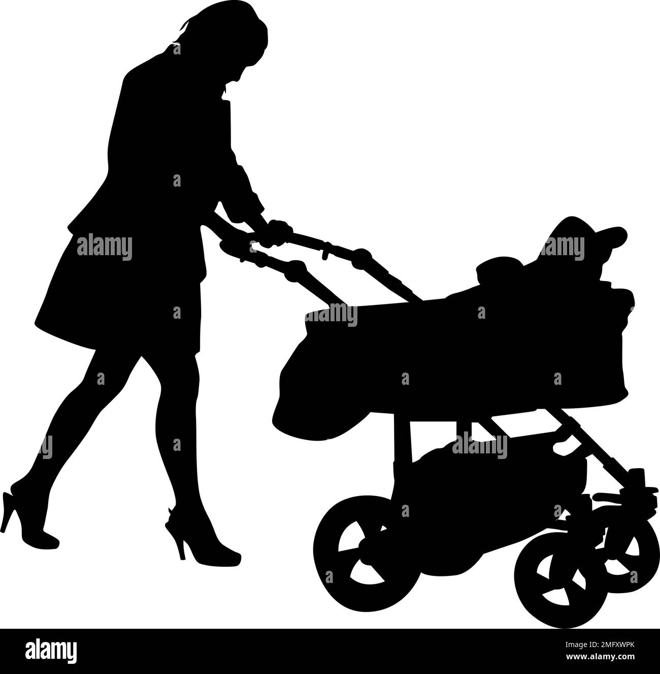 Siluetas que caminan madres con cochecitos de bebé sobre un fondo blanco. Ilustración del Vector
