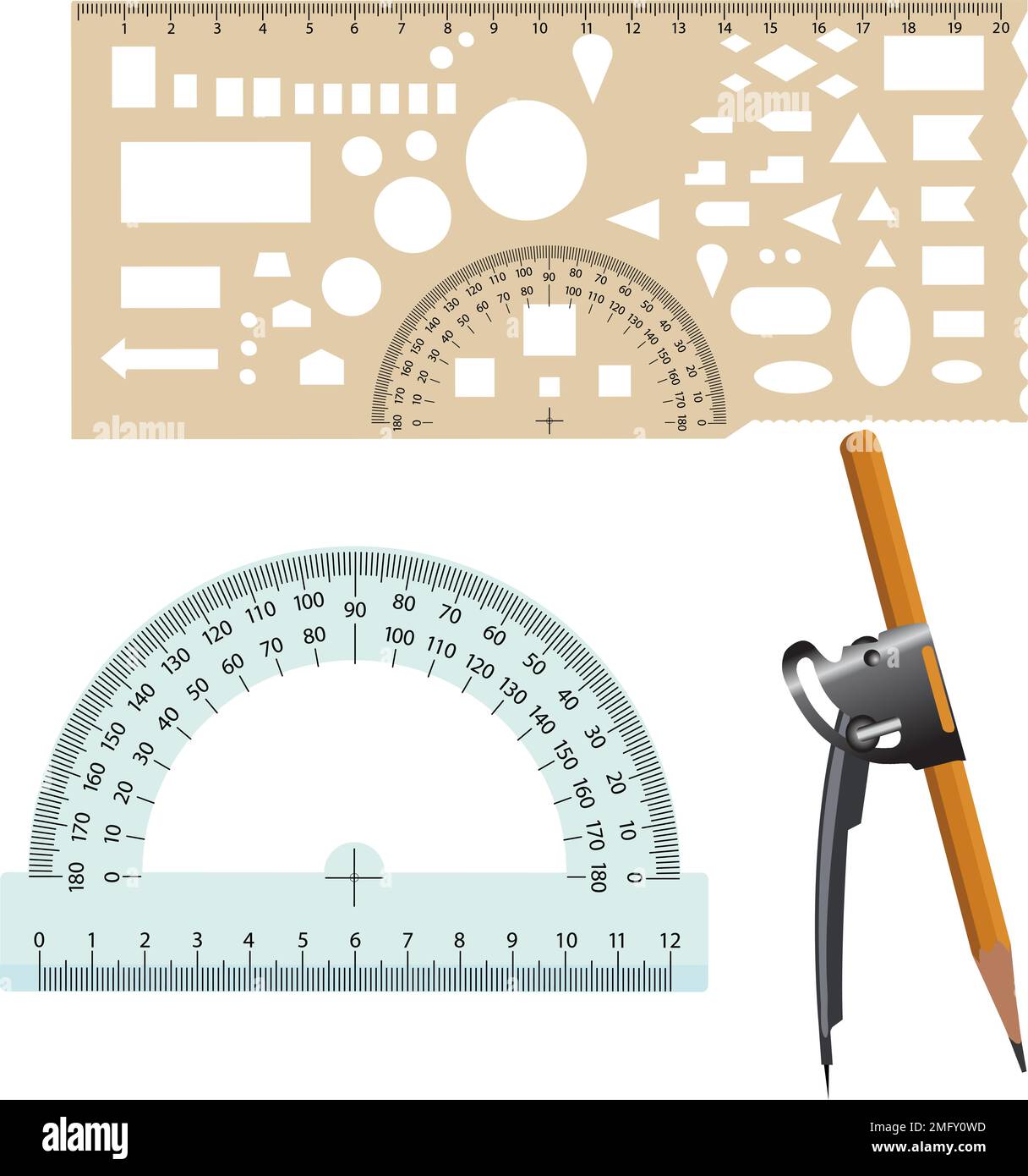 Brújulas de regla y herramientas de dibujo de transportador sobre un fondo blanco. Ilustración del Vector