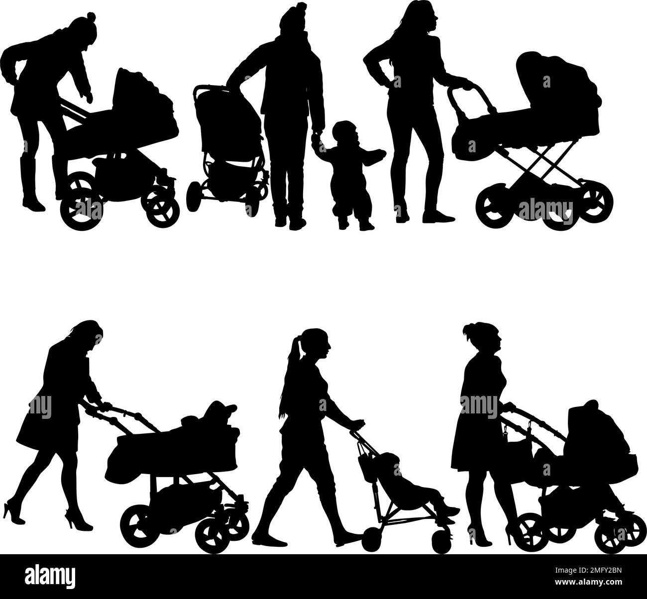 Establecer siluetas Walkings madres con cochecitos de bebé sobre un fondo blanco. Ilustración del Vector