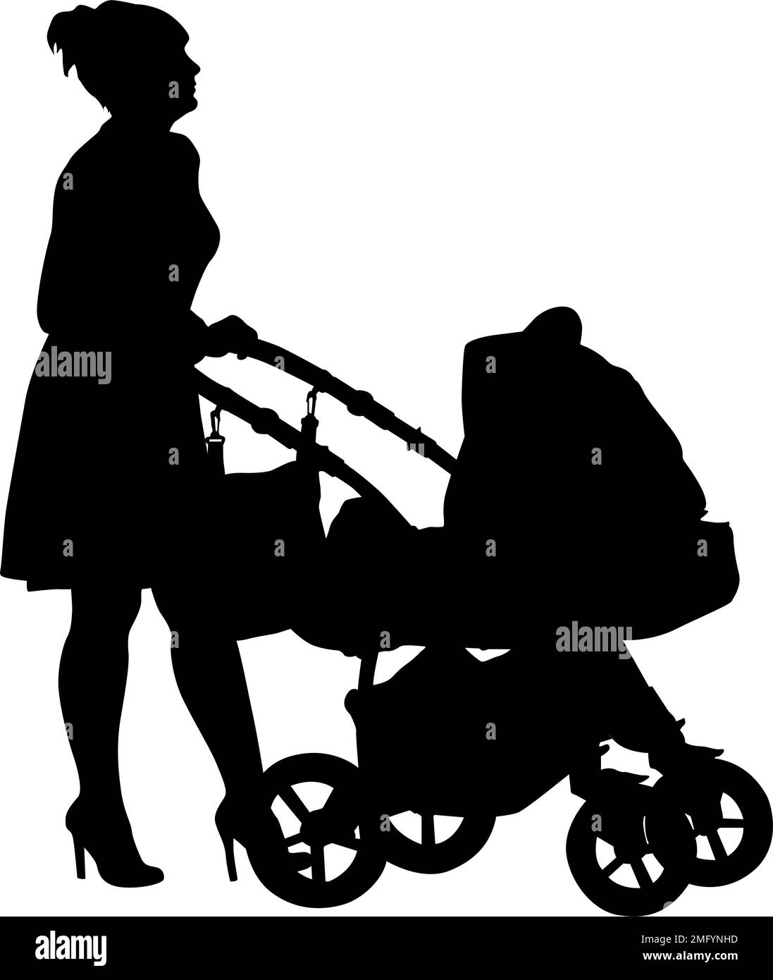 Siluetas que caminan madres con cochecitos de bebé sobre un fondo blanco. Ilustración del Vector