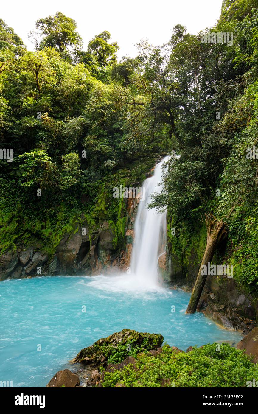 Cascada a lo largo del Río Celeste de color turquesa (río azul cielo) en el Parque Nacional Volcán Tenorio. Foto de stock