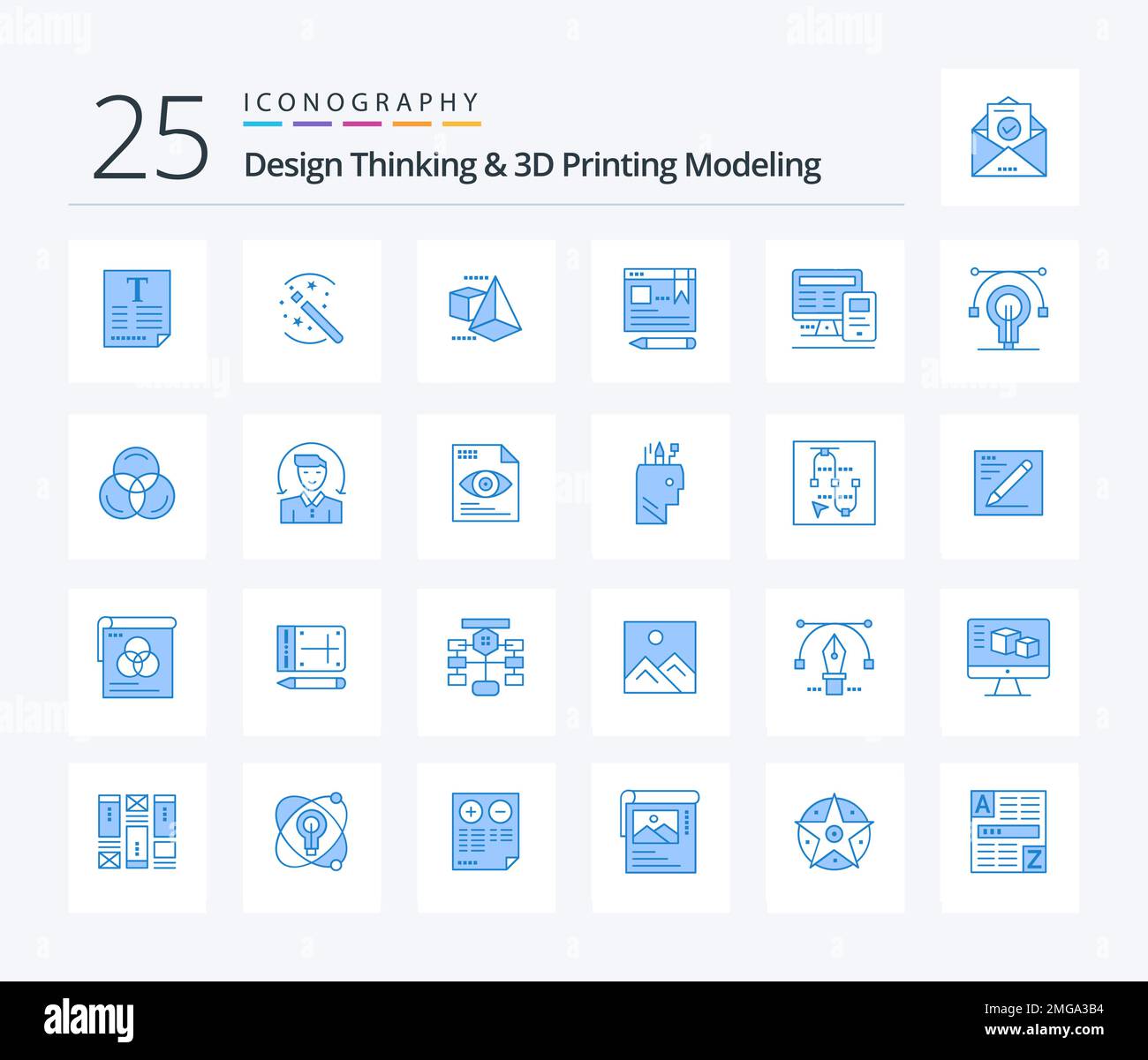 Design Thinking y D Printing Modeling 25 paquete de iconos de color azul que incluye educación. ordenador. d modelo. educación. texto Ilustración del Vector