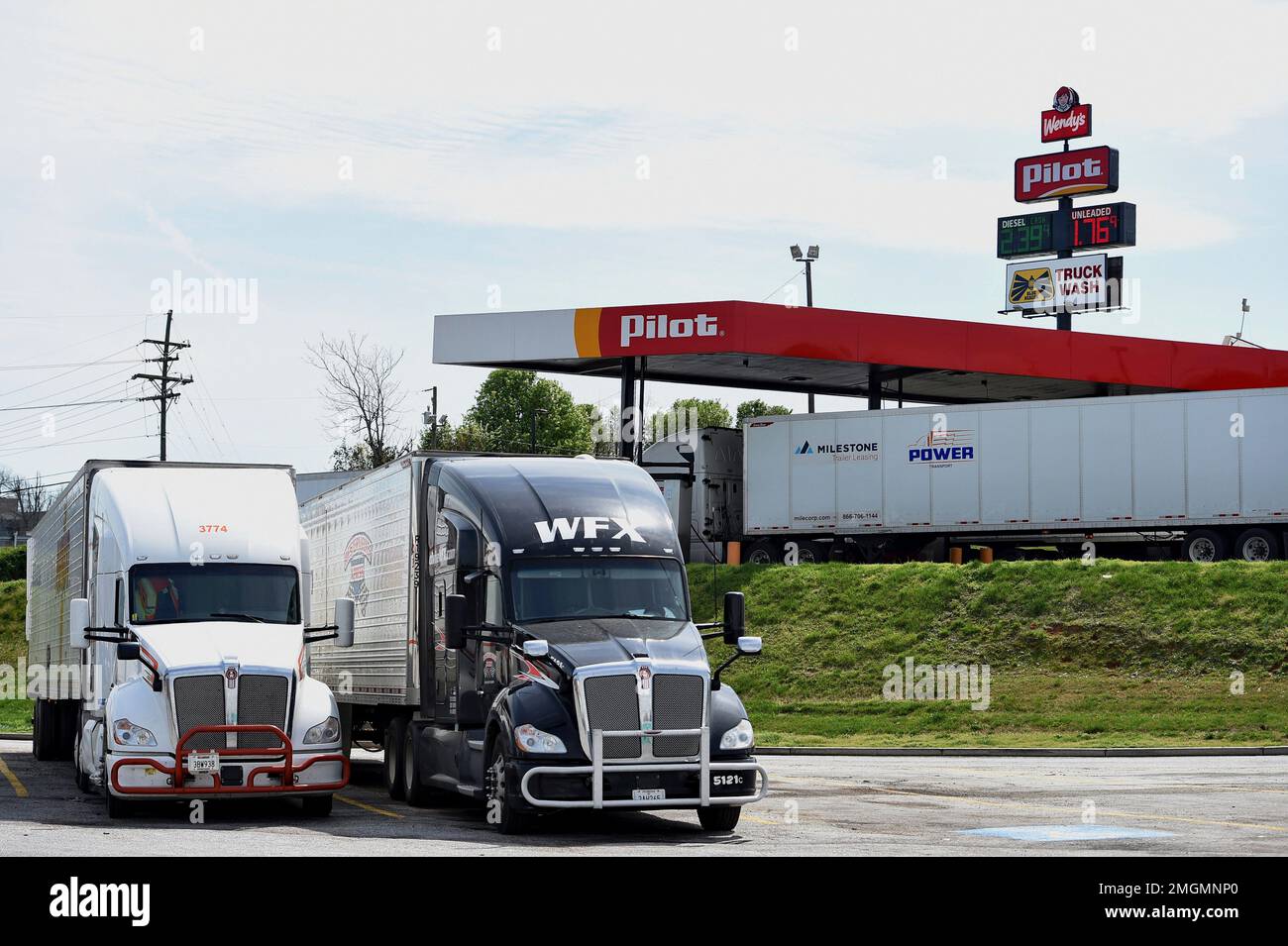 Trucks sit in the lot at the Pilot Truck Stop Friday, March 20, 2020