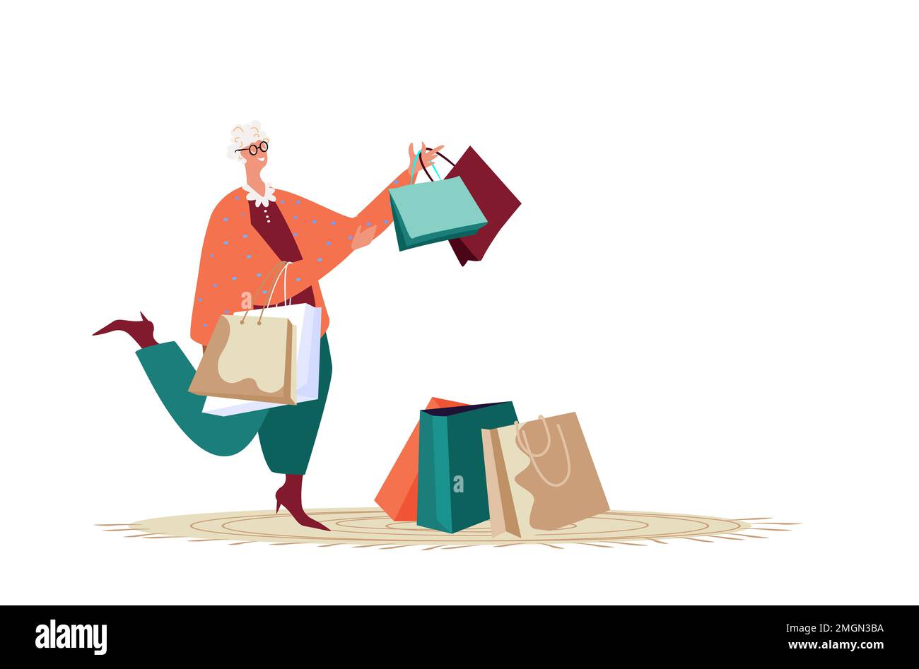 Mujer jubilada vieja de Shopaholic con bolsas de compras. Jubilado adulto feliz Compra compras festivas presenta paquete de regalo para las vacaciones de invierno. Atmósfera de Sa Foto de stock