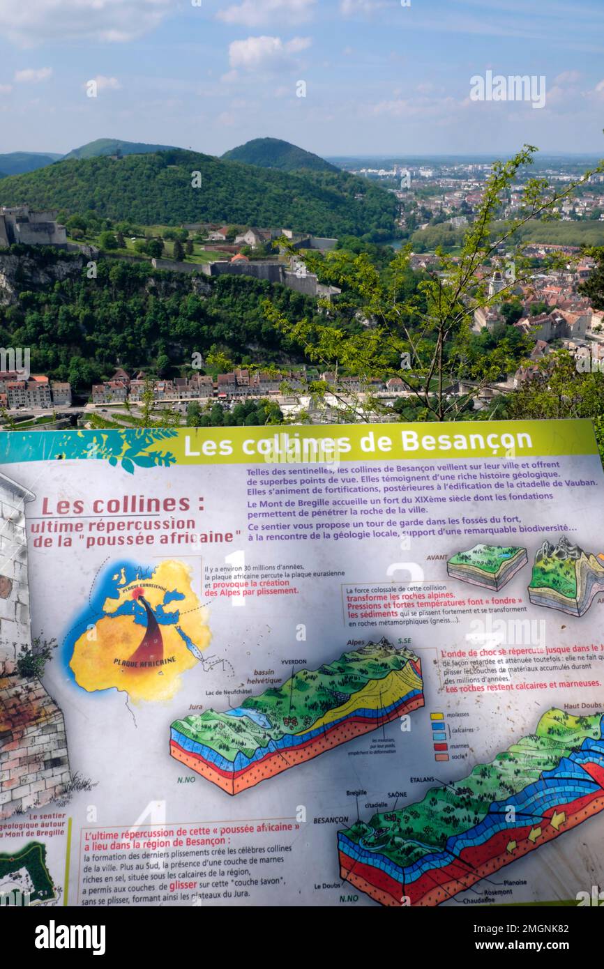 La Ciudadela, la colina de Chaudanne, la ciudad, panel de las colinas, desde la colina de Bregille, Besancon, Doubs, Francia Foto de stock