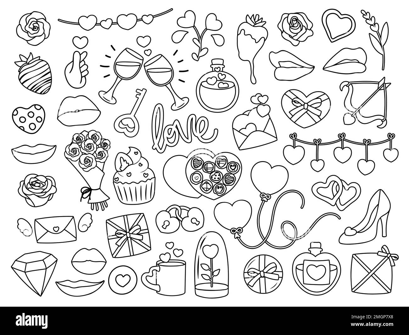 Colección de objetos y objetos relacionados con el día de San Valentín simple y lindo. Ilustraciones vectoriales en blanco y negro para colorear. Ilustración del Vector
