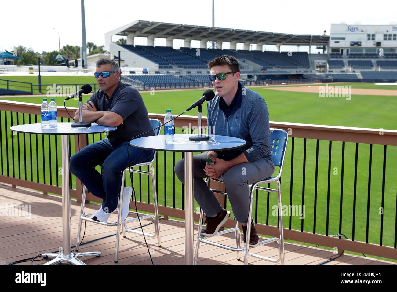 Tampa Bay Rays general manger Erik Neander, right and manger Kevin Cash