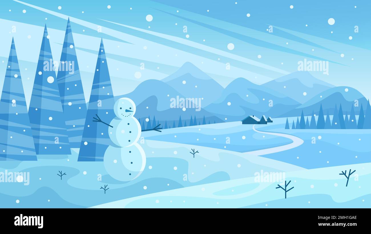 Paisaje nevado de invierno con ilustración vectorial de nevadas. Escena  congelada fría de dibujos animados con copos de nieve que caen en el muñeco  de nieve, árboles simples en el bosque helado