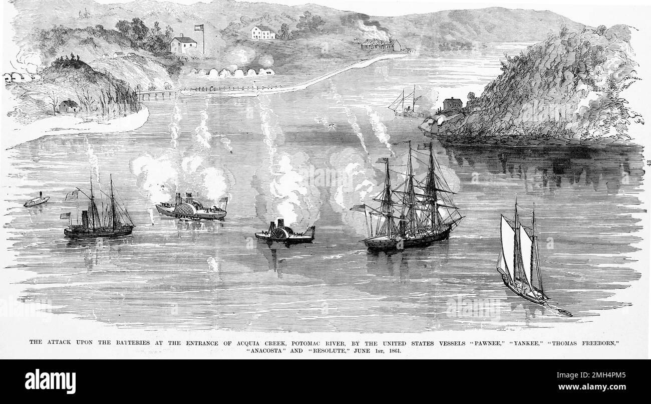 Batalla de Aquia Creek durante la Guerra Civil Americana. Este fue un bombardeo de posiciones confederadas en la orilla del río Potomac por barcos unionistas. Foto de stock