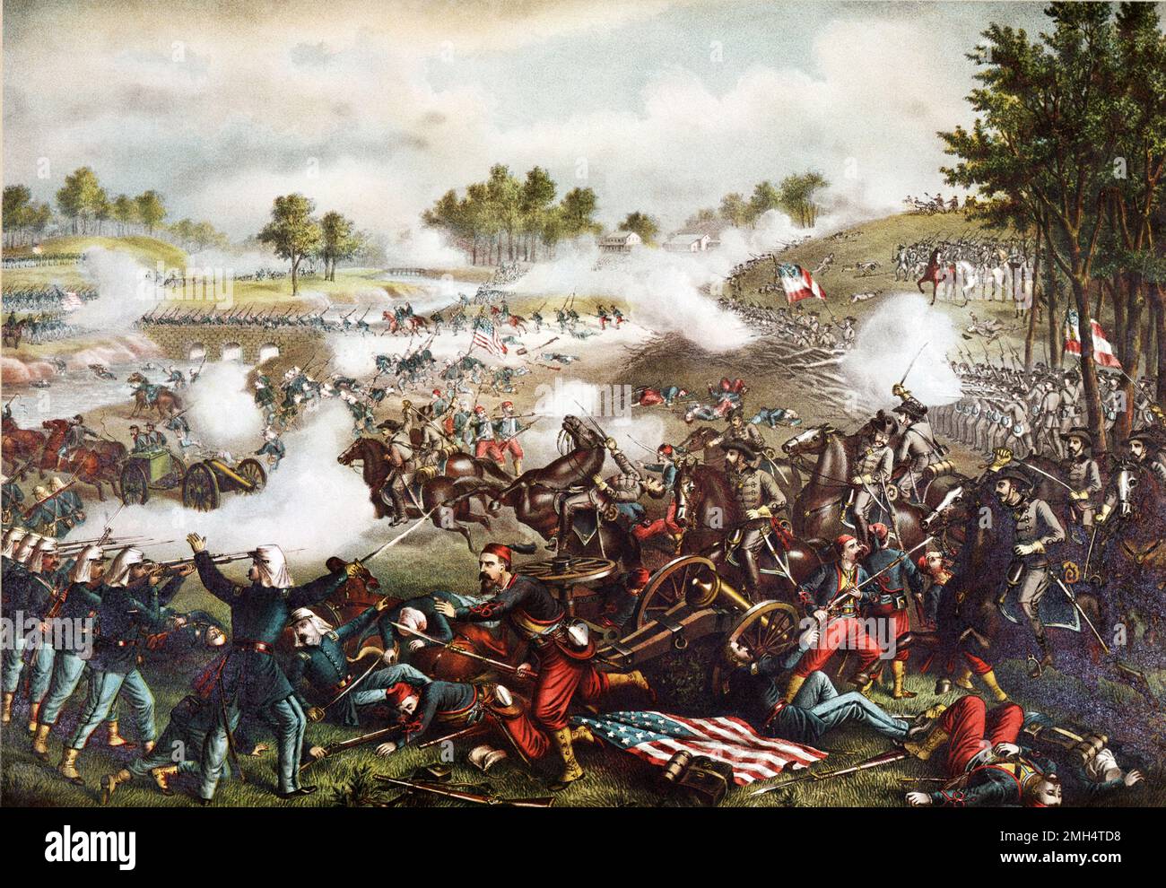 La Primera Batalla de Bull Run (el nombre utilizado por las fuerzas de la Unión), también conocida como la Batalla del Primer Manassas fue la primera gran batalla entre las fuerzas unionistas y confederadas durante la Guerra Civil Americana. Fue combatido el 21 de julio de 1861 en Virginia Occidental. Fue ganado por las fuerzas confederadas bajo Joseph Johnston y PGT Beauregard. Fue en esta batalla que Thomas Jackson obtuvo su conocido (y excelente) apodo Stonewall Kackson. Foto de stock