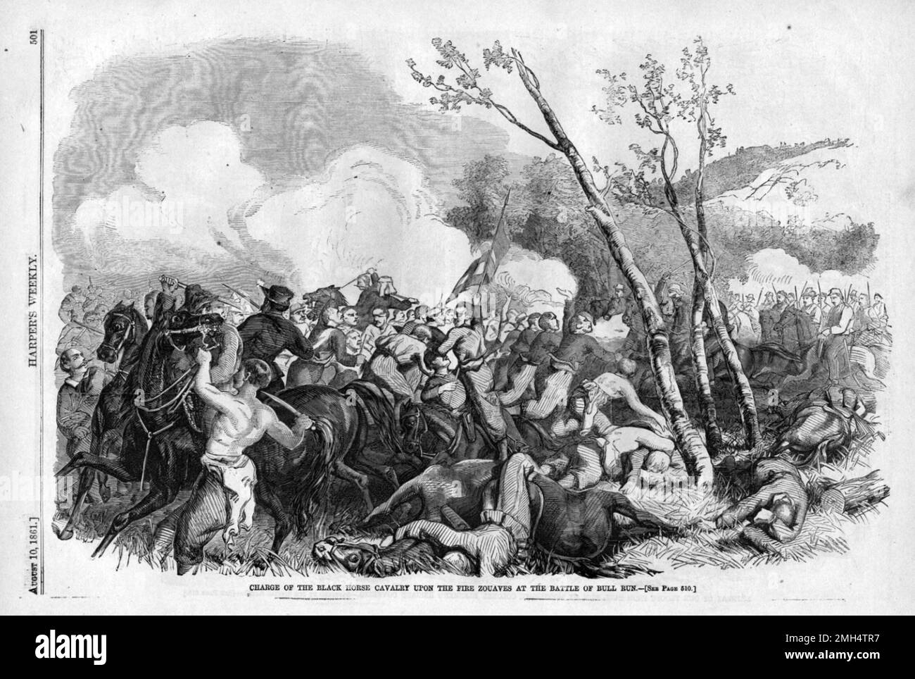 La Primera Batalla de Bull Run (el nombre utilizado por las fuerzas de la Unión), también conocida como la Batalla del Primer Manassas fue la primera gran batalla entre las fuerzas unionistas y confederadas durante la Guerra Civil Americana. Fue combatido el 21 de julio de 1861 en Virginia Occidental. Fue ganado por las fuerzas confederadas bajo Joseph Johnston y PGT Beauregard. Fue en esta batalla que Thomas Jackson obtuvo su conocido (y excelente) apodo Stonewall Kackson.Charge de la Caballería de Caballo Negro sobre los Zouaves de Fuego en la Batalla de Bull Run Foto de stock