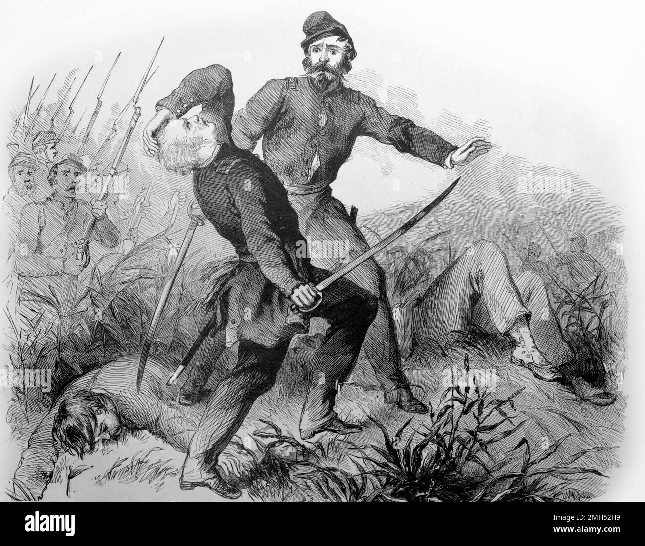 La Batalla de Ball's Bluff fue una batalla en la Guerra Civil Americana que se libró el 21st 1861 de octubre. Fue ganado por las fuerzas confederadas bajo el general Nathan Evans y el senador unionista, que luchaba como coronel, fue asesinado en la acción. Esta pintura representa la muerte del coronel Baker. Foto de stock