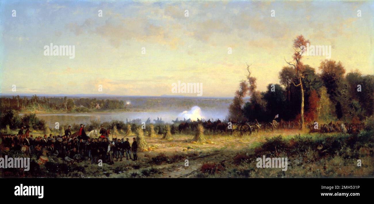 La Batalla de Ball's Bluff fue una batalla en la Guerra Civil Americana que se libró el 21st 1861 de octubre. Fue ganado por las fuerzas confederadas bajo el general Nathan Evans y el senador unionista, que luchaba como coronel, fue asesinado en la acción. Esta pintura representa el bombardeo de las fuerzas confederadas en el Potomac. Foto de stock