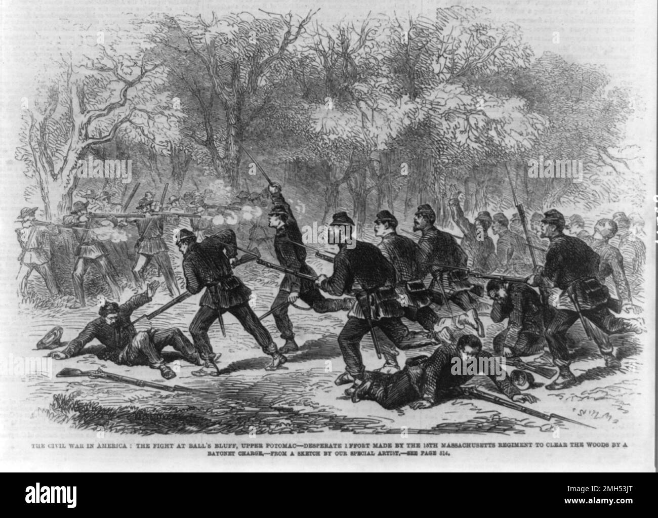 La Batalla de Ball's Bluff fue una batalla en la Guerra Civil Americana que se libró el 21st 1861 de octubre. Fue ganado por las fuerzas confederadas bajo el general Nathan Evans y el senador unionista, que luchaba como coronel, fue asesinado en la acción. Esta pintura representa la carga de una bayoneta por las tropas unionistas Foto de stock