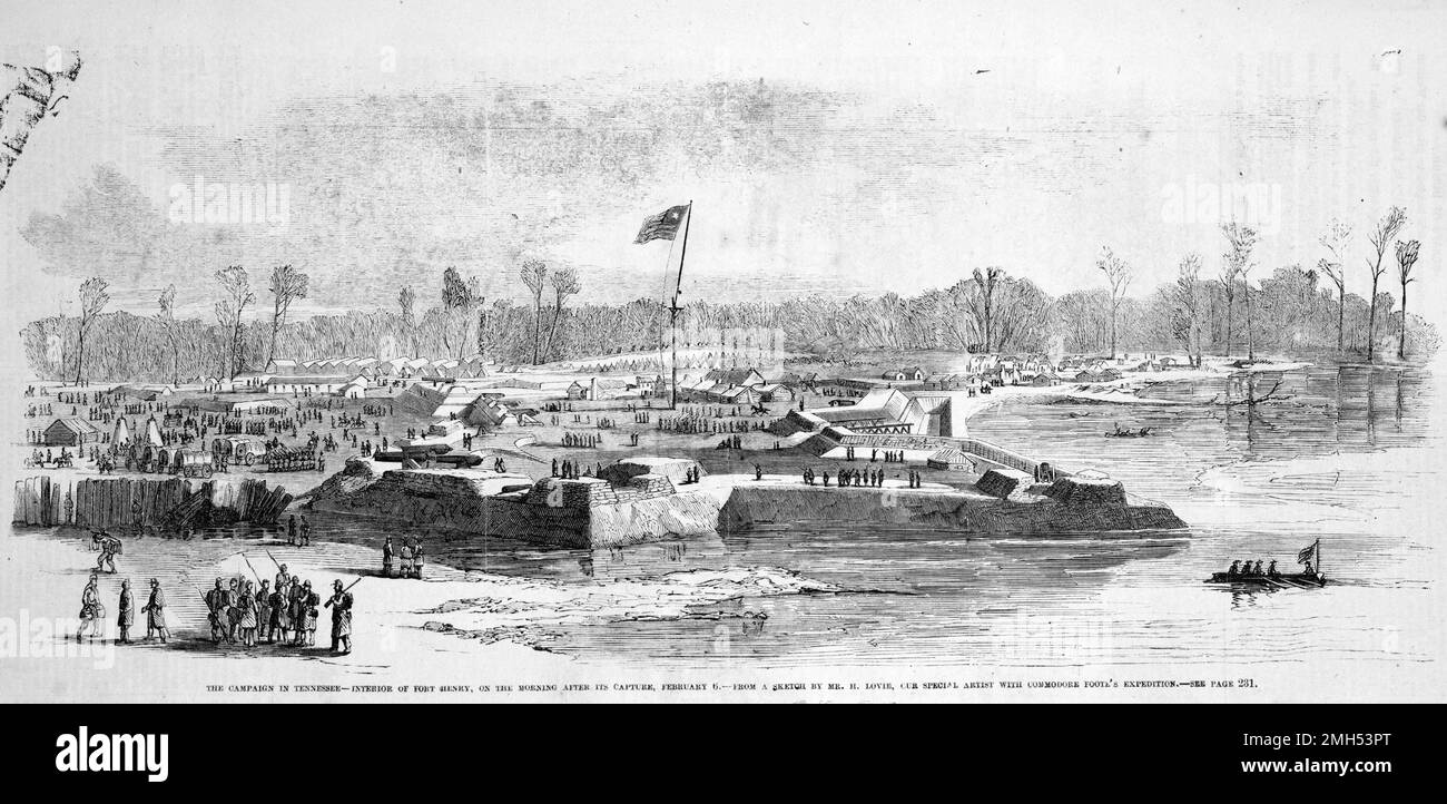 La Batalla de Fort Henry fue una batalla en la Guerra Civil Americana que se libró el 6th de febrero de 1862 en Tennessee. Fue la primera victoria unionista bajo el mando de Ulises Grant. Esta imagen representa el fuerte después de su rendición Foto de stock