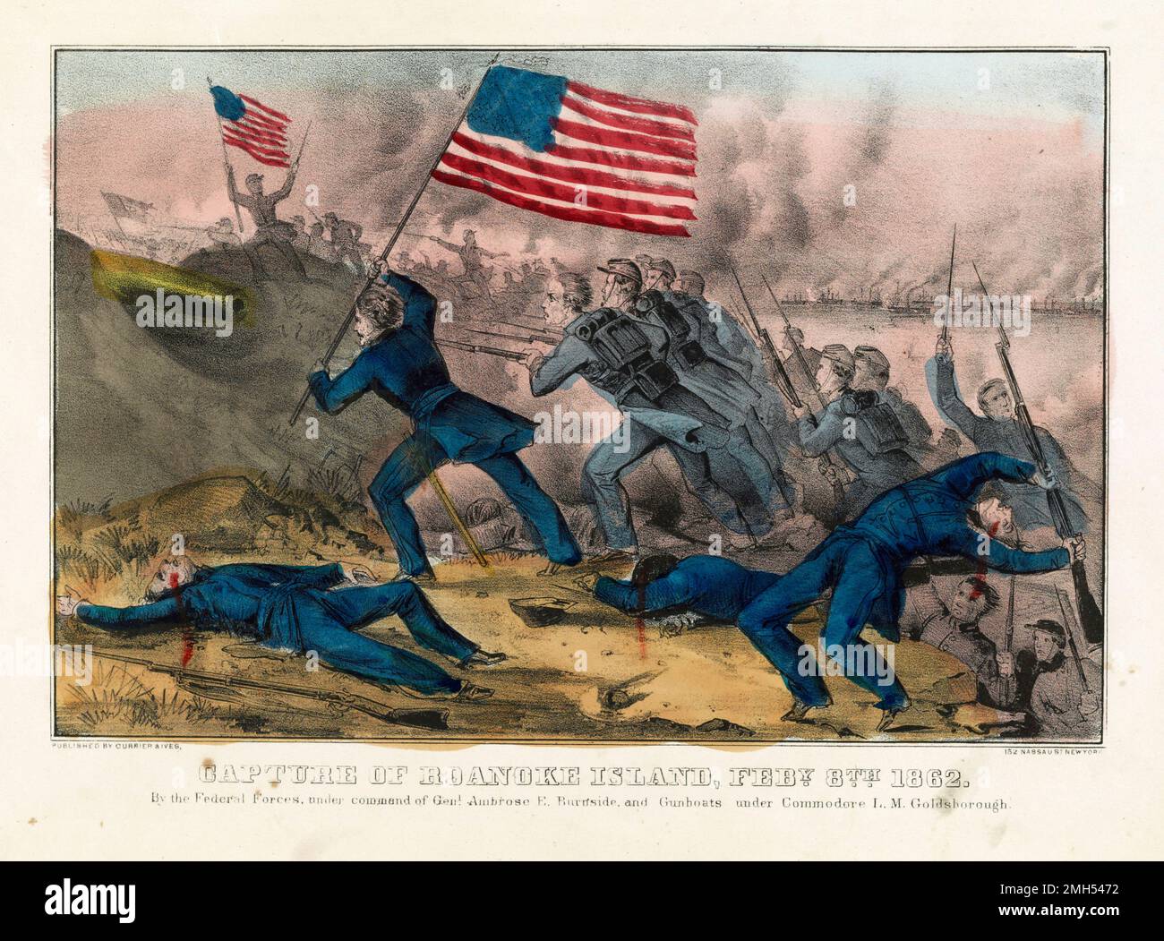 La Batalla de la Isla Roanoke fue una batalla en la Guerra Civil Americana que se libró del 7 al 8th de febrero de 1862 en Carolina del Norte. Fue un ataque anfibio unionista bajo el mando de Ambrose Burnside, y fue una victoria unionista cuando la Isla fue capturada. La imagen representa la carga de bayoneta de los Voluntarios de Nueva York (Hawkins Zouaves) en la batería de tres armas Foto de stock