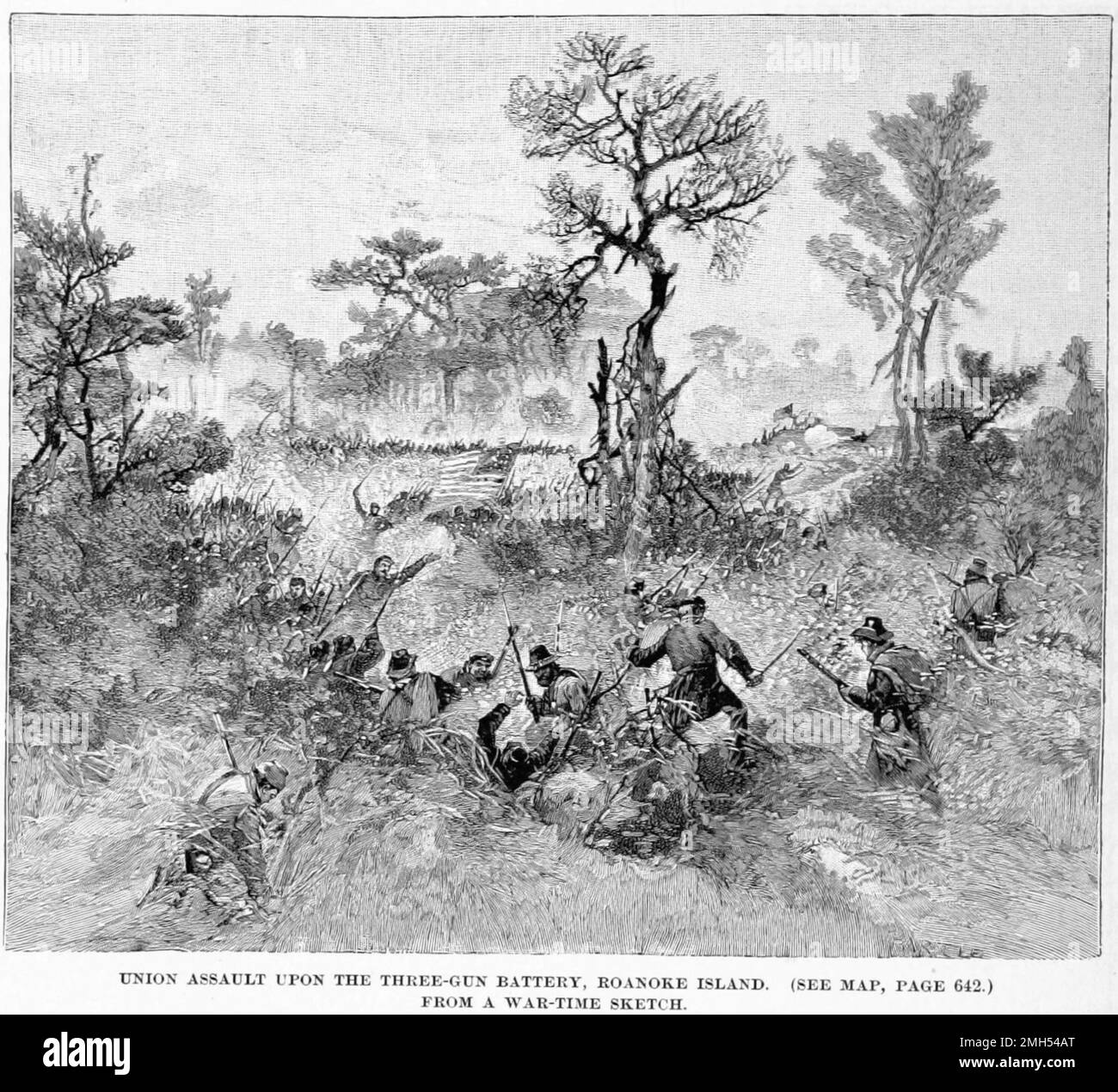 La Batalla de la Isla Roanoke fue una batalla en la Guerra Civil Americana que se libró del 7 al 8th de febrero de 1862 en Carolina del Norte. Fue un ataque anfibio unionista bajo el mando de Ambrose Burnside, y fue una victoria unionista cuando la Isla fue capturada. La imagen representa la carga de bayoneta de los Voluntarios de Nueva York (Hawkins Zouaves) en la batería de tres armas Foto de stock