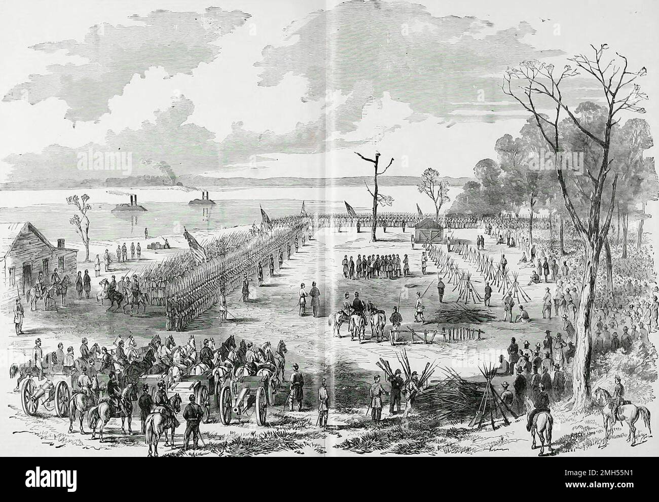 La Batalla de la Isla Número 10 fue una batalla en la Guerra Civil Americana que se libró el 28th de febrero-abril de 8th 1862 en Kentucky. Fue un ataque anfibio unionista en la isla número 10 que ocupó una posición de mando en el río Mississippi. El asalto estuvo bajo el mando de John Pope, y fue una victoria unionista cuando la isla fue capturada. La imagen muestra la rendición de las Fuerzas Confederadas, cinco mil fuertes, bajo los generales McCall y Gantt, al general Paine, en Tiptonville, Tenn., abril de 8th 1862. Foto de stock