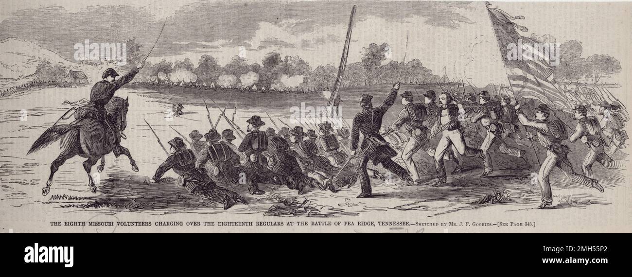 La Batalla de Pea Ridge (La Batalla de Elkhorn Tavern) fue una batalla en la Guerra Civil Americana que se libró del 7 al 8th de marzo de 1862 en Arkansas. El asalto estuvo bajo el mando de Samuel Curtis, y fue una victoria unionista. La imagen representa a los Octavos Voluntarios de Missouri cargando a los dieciocho regulares. Foto de stock