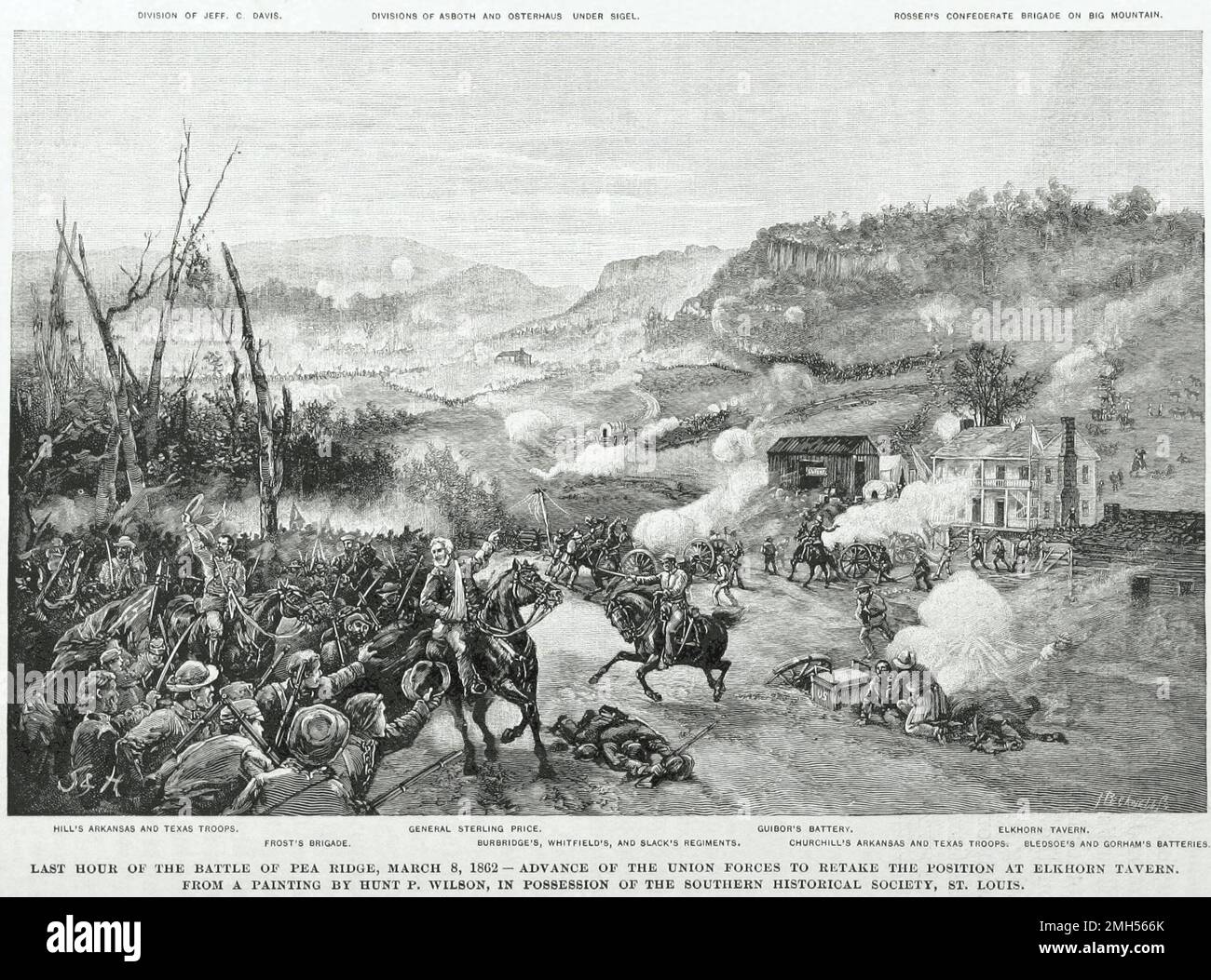 Última hora de la Batalla de Pea Ridge. La Batalla de Pea Ridge (La Batalla de Elkhorn Tavern) fue una batalla en la Guerra Civil Americana que se libró del 7 al 8th de marzo de 1862 en Arkansas. El asalto estuvo bajo el mando de Samuel Curtis, y fue una victoria unionista. Foto de stock