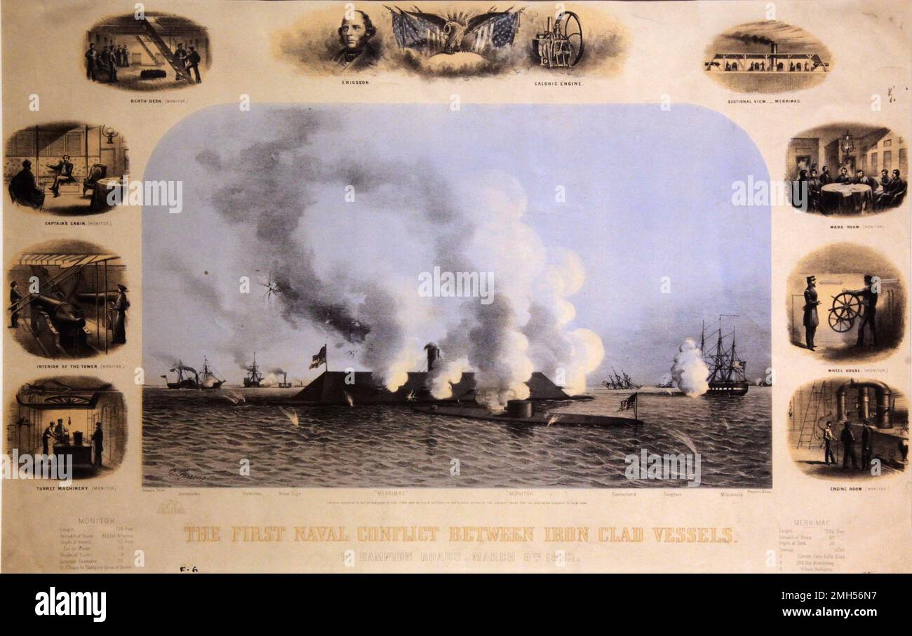 La Batalla de Hampton Roads (también Batalla del Monitor y Virginia o la Batalla de Ironclads) fue una batalla en la Guerra Civil Americana que se libró del 8 al 9th de marzo de 1862 en las vías marítimas de Hampton Roads. Fue la primera batalla naval entre modernos barcos de metal en lugar de barcos de vela de madera. La vulnerabilidad de los barcos de madera era obvia para todos y la batalla marca el comienzo de la era del acorazado. Esta imagen representa a la CSS Virginia (rebautizado USS Merrimac) luchando con el USS Monitor. Foto de stock