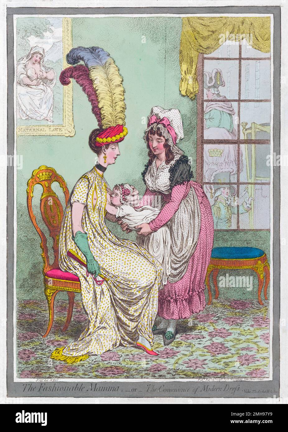 Grabado de la mamá de moda; o, la conveniencia del vestido moderno por el artista James Gillray; Editorial: Sra. Hannah Humphrey. 1796. Foto de stock