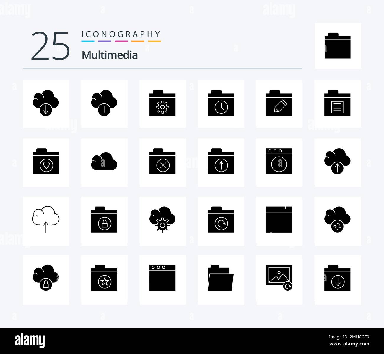 Multimedia 25 Solid Glyph paquete de iconos incluyendo carpeta. documento.  carpeta. cambiar nombre. editar Imagen Vector de stock - Alamy