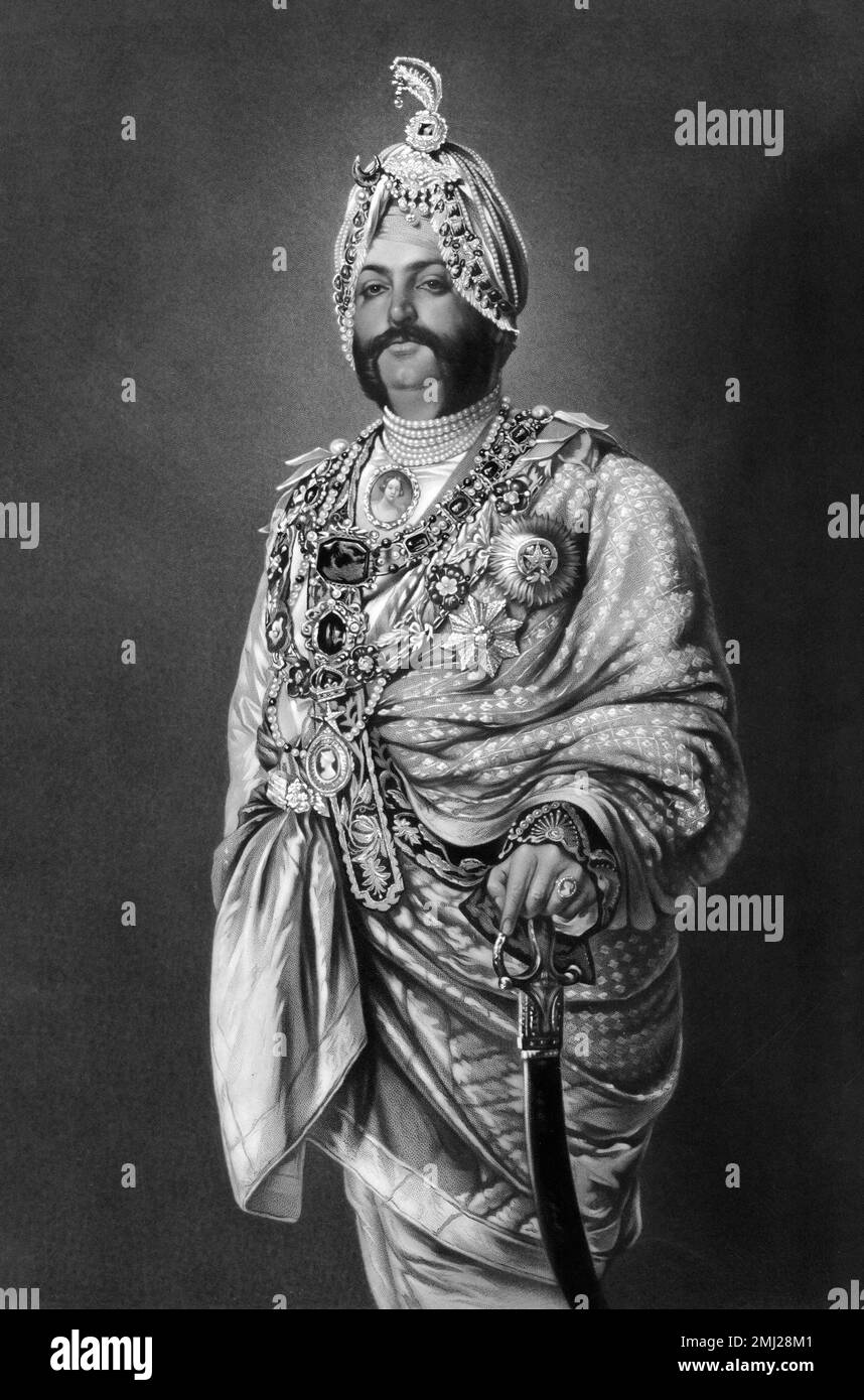 A cargo de DuSleep Singh. Retrato de Maharaja Sir DuSleep Singh (1838-1893), mezzotint, 1882 por Thomas Lewis Atkinson después de James A Goldingham. Dusleep Singh fue el último Maharaja del Imperio Sikh. Foto de stock