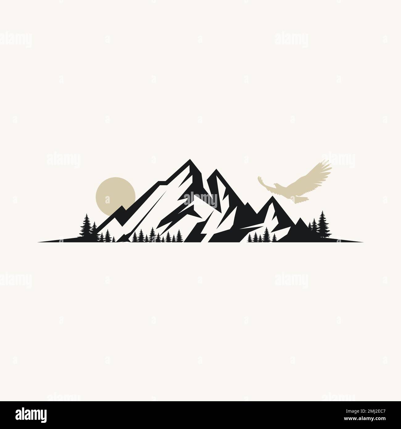 Montaña de roca única pero simple con bosque denso y imagen de pájaro icono gráfico diseño de logotipo concepto abstracto vector aventura o paisaje Ilustración del Vector
