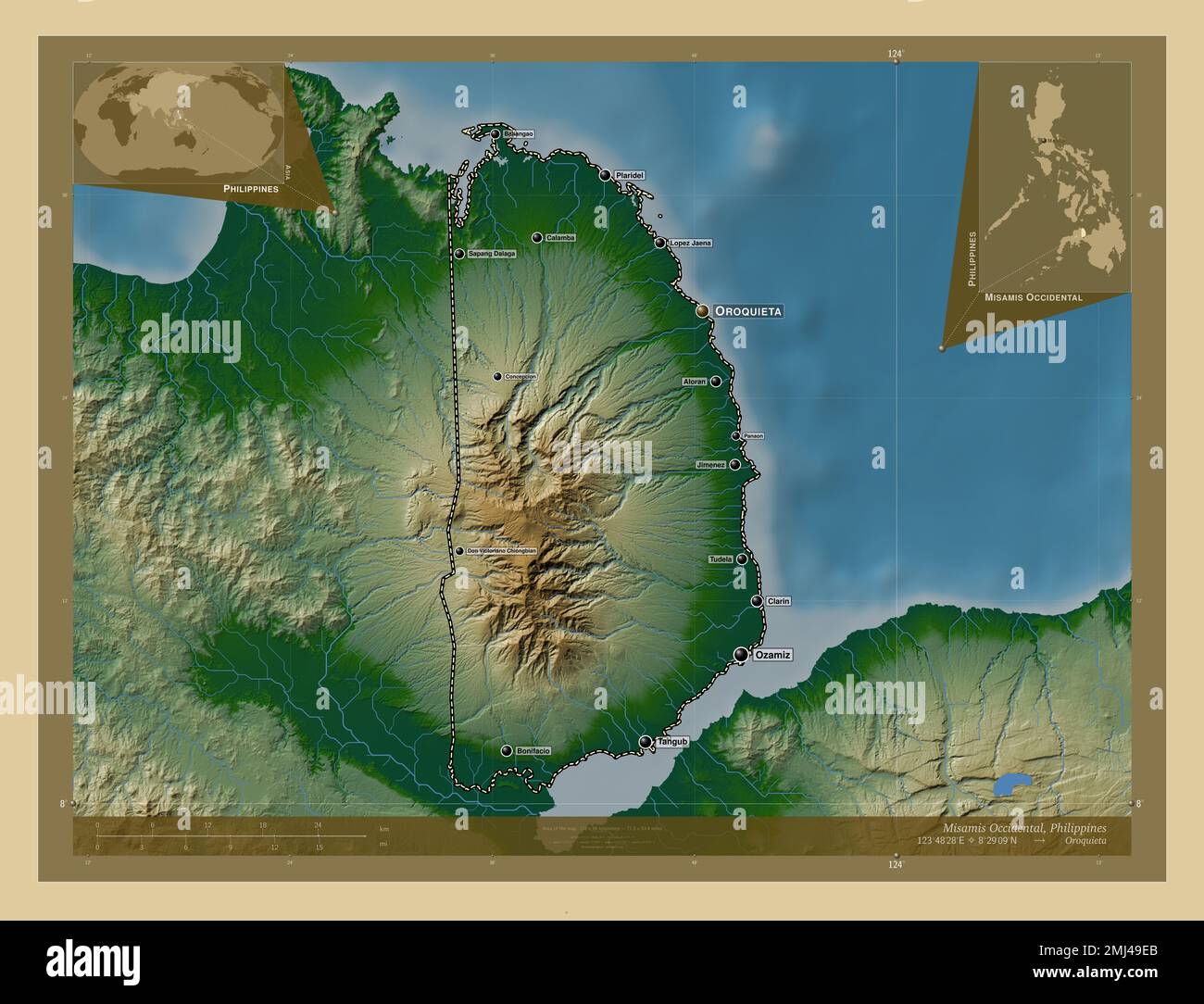 Misamis Occidental, provincia de Filipinas. Mapa de elevación en color