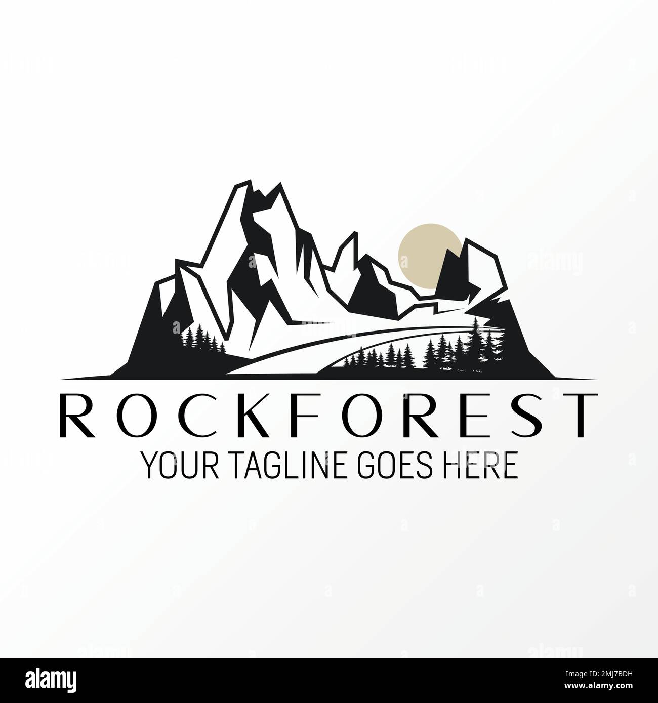 Montaña de roca única pero simple con bosque denso y imagen de pájaro icono gráfico diseño de logotipo concepto abstracto vector aventura o paisaje Ilustración del Vector