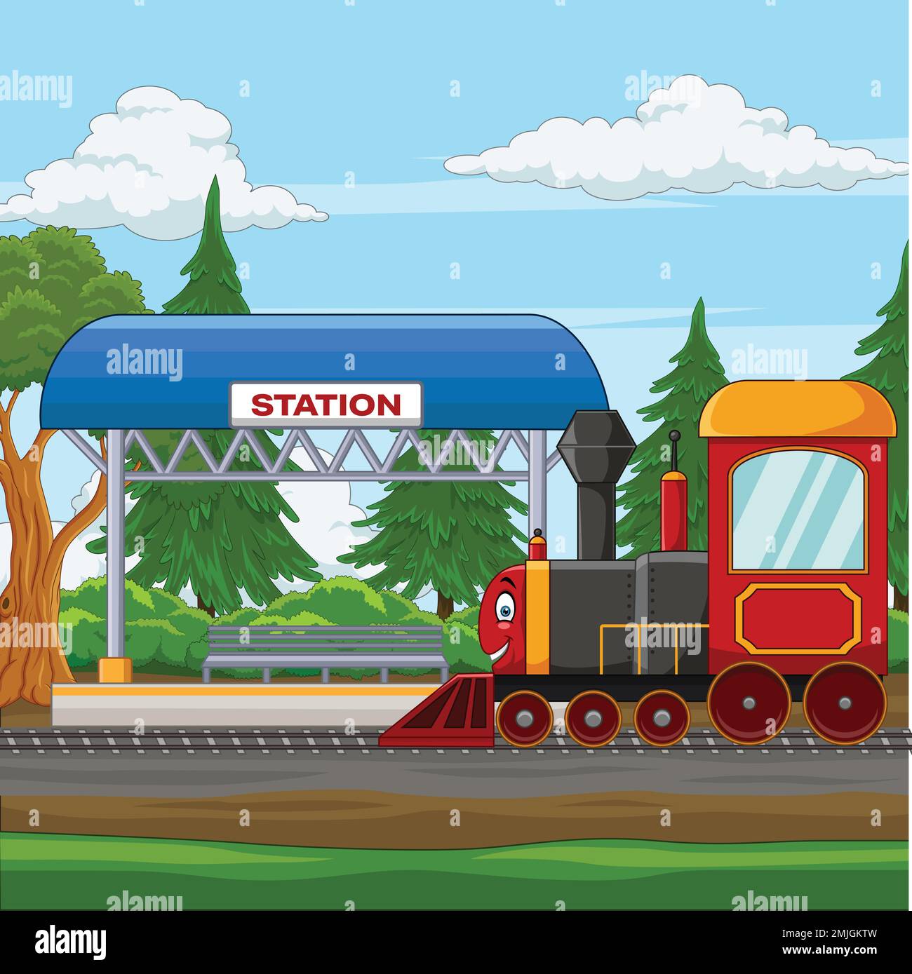 Tren de dibujos animados con la estación de tren en el pueblo Imagen Vector de stock - Alamy Tren de dibujos animados con la estación de tren en el pueblo Imagen Vector de stock - Alamy