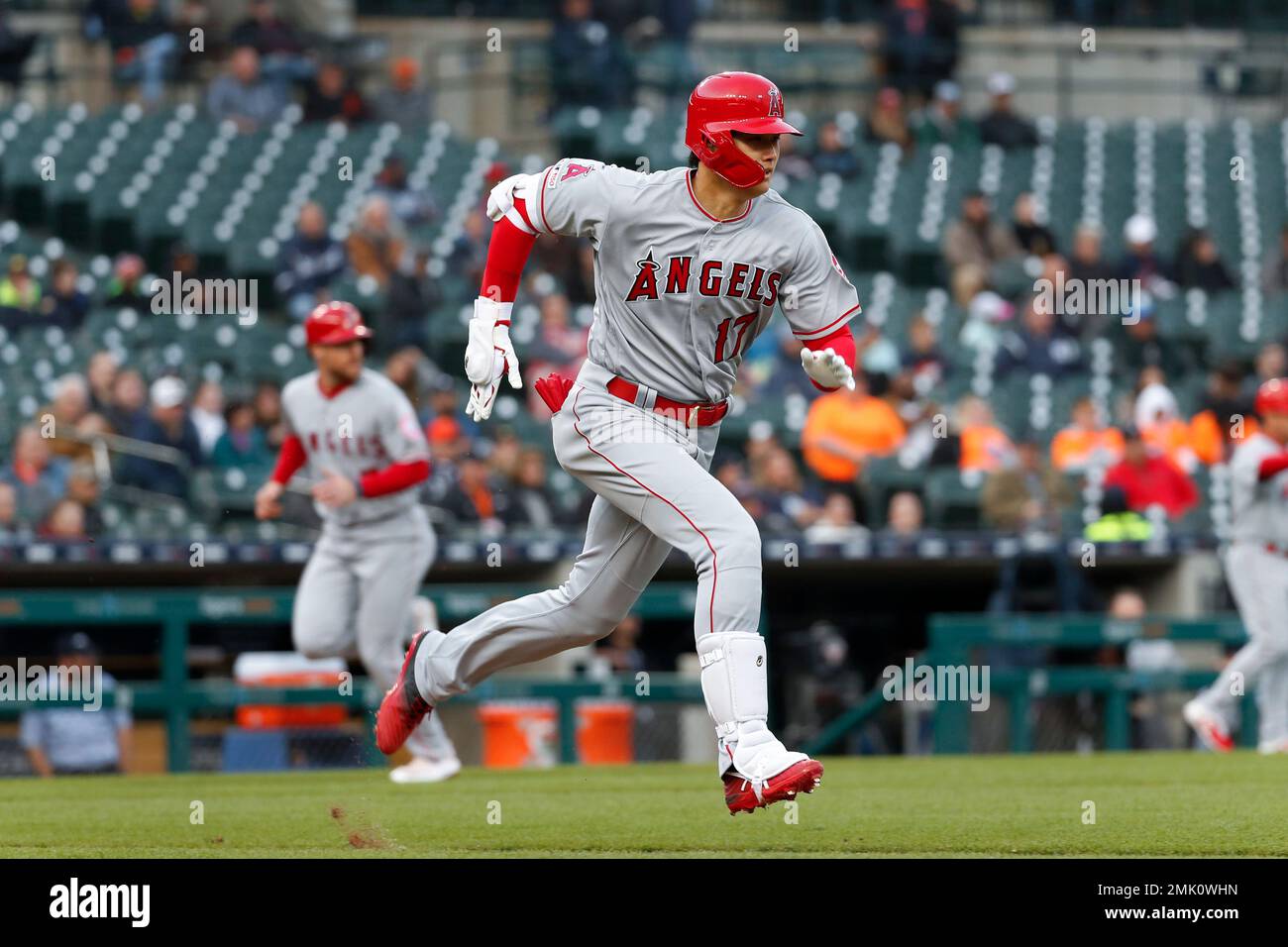 Los Angeles Angels' Shohei Ohtani runs to first on a groundout that