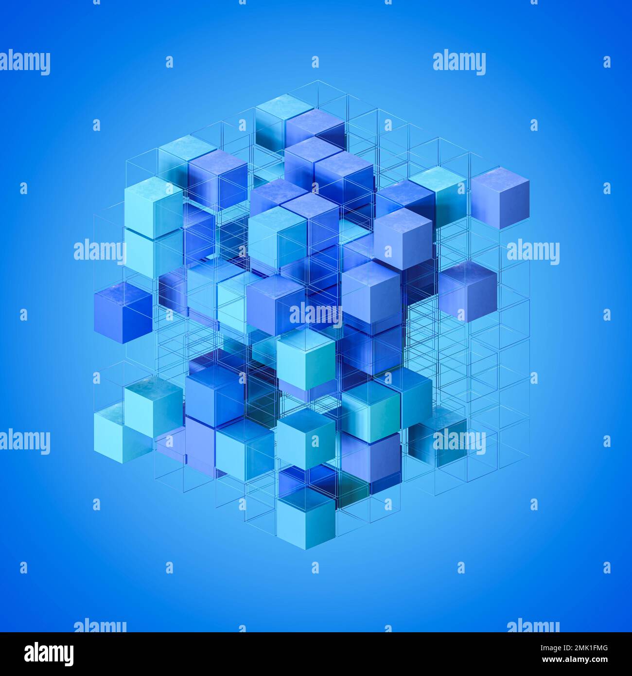 Análisis de datos, concepto de Big Data. Cubos y wireframes de cubo dispuestos en espacio tridimensional. Sombras de azul. Foto de stock