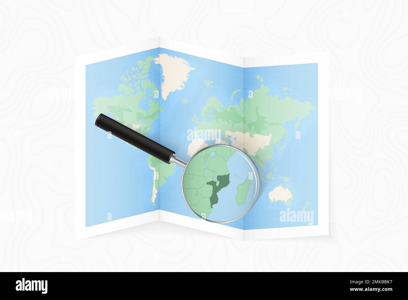 Agrandar Mozambique con una lupa en un mapa doblado del mundo. Mapa de papel vectorial. Ilustración del Vector