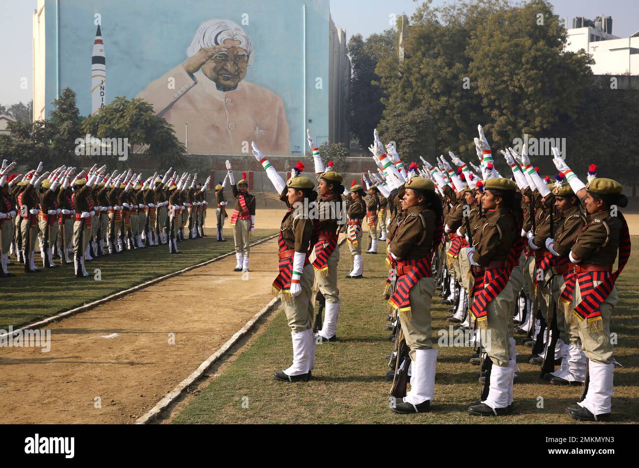 Indian state of Uttar Pradesh police marches during the Republic day