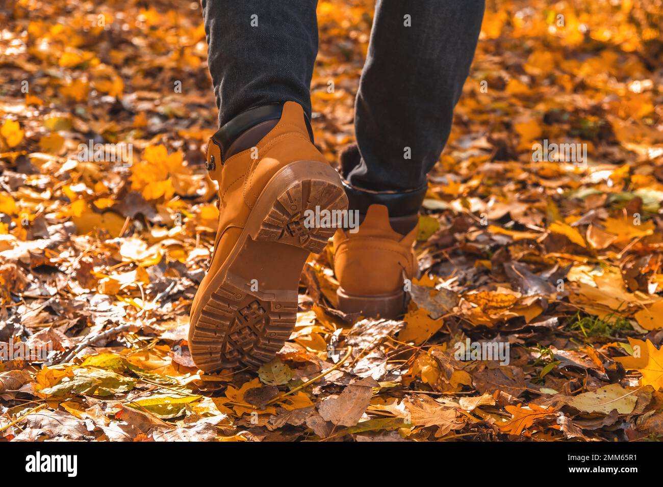 hombre con zapatos rojos camina por el bosque de otoño. Botas anaranjadas sobre hojas amarillas secas caídas. Descanso, relajación en el bosque de otoño. Otoño concepto de caminar el bosque.