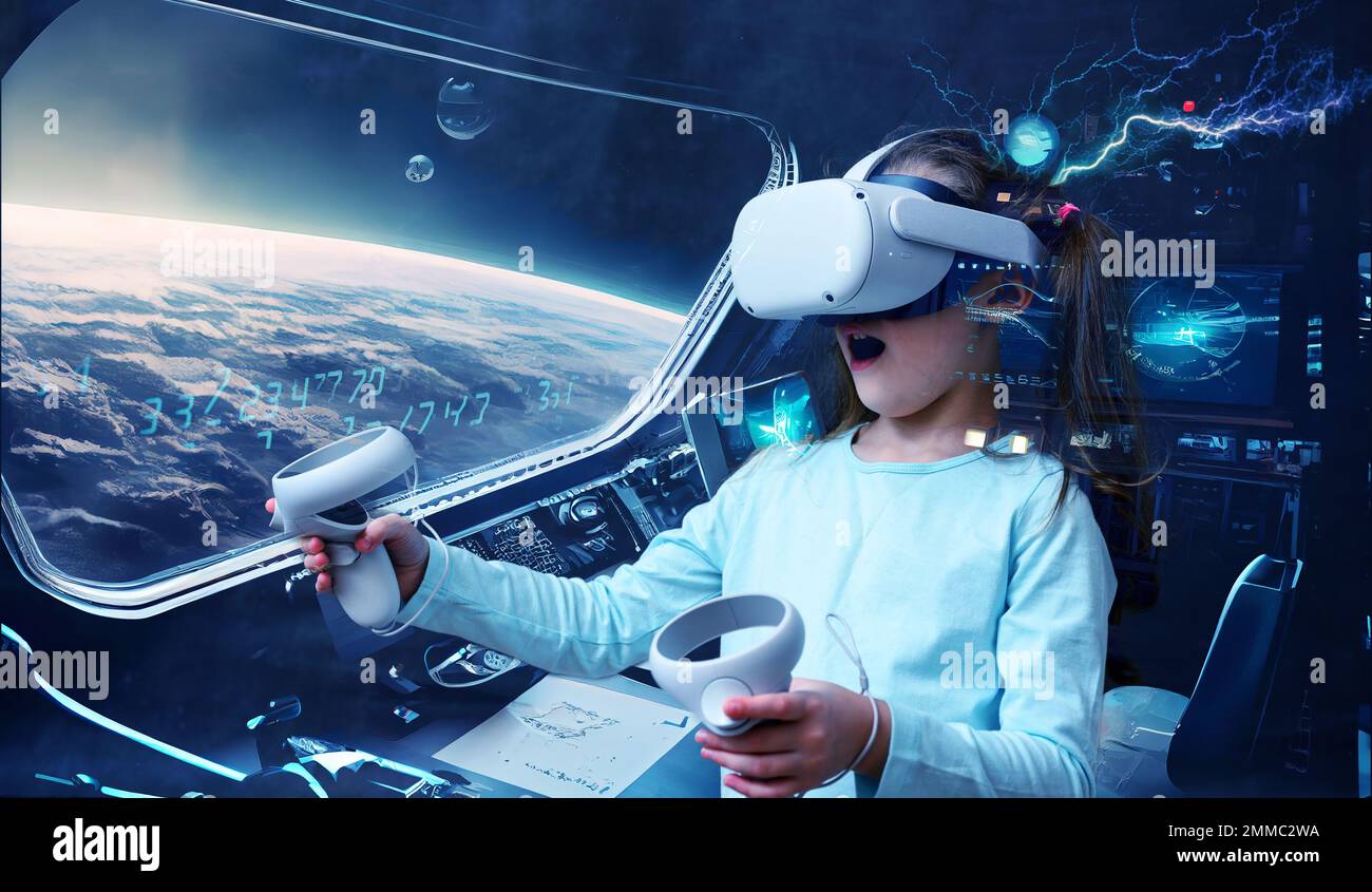 Metaverse y concepto de niño, niño usando auriculares de realidad virtual en juego de aventura espacial. Niña mirando en gafas futuristas VR y divirtiéndose. T Foto de stock