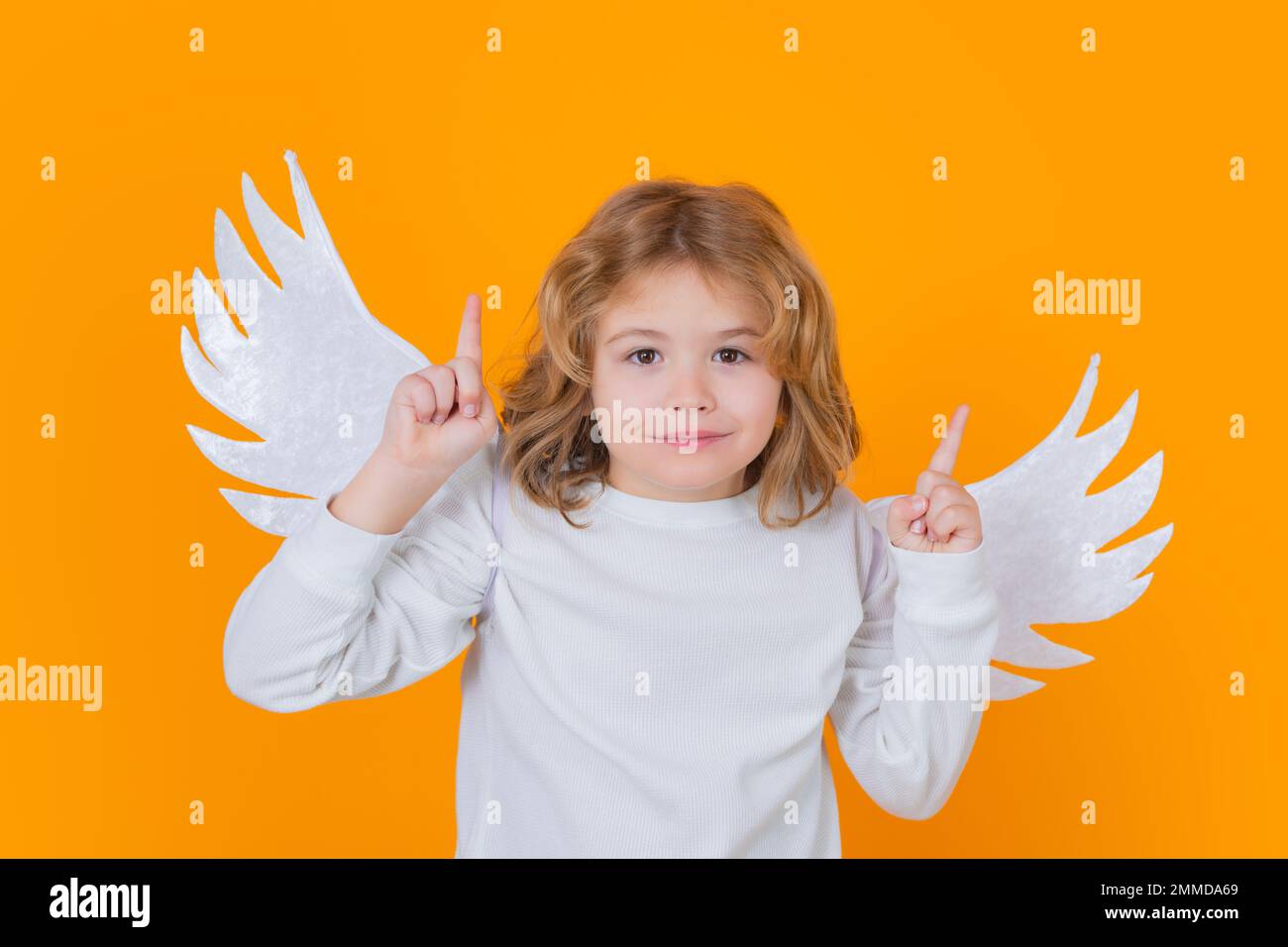 Ángel niño apuntando hacia arriba, gesto de punto, idea. Lindo ángel niño, retrato de estudio. Ángel niño con alas de ángeles, fondo aislado. Foto de stock