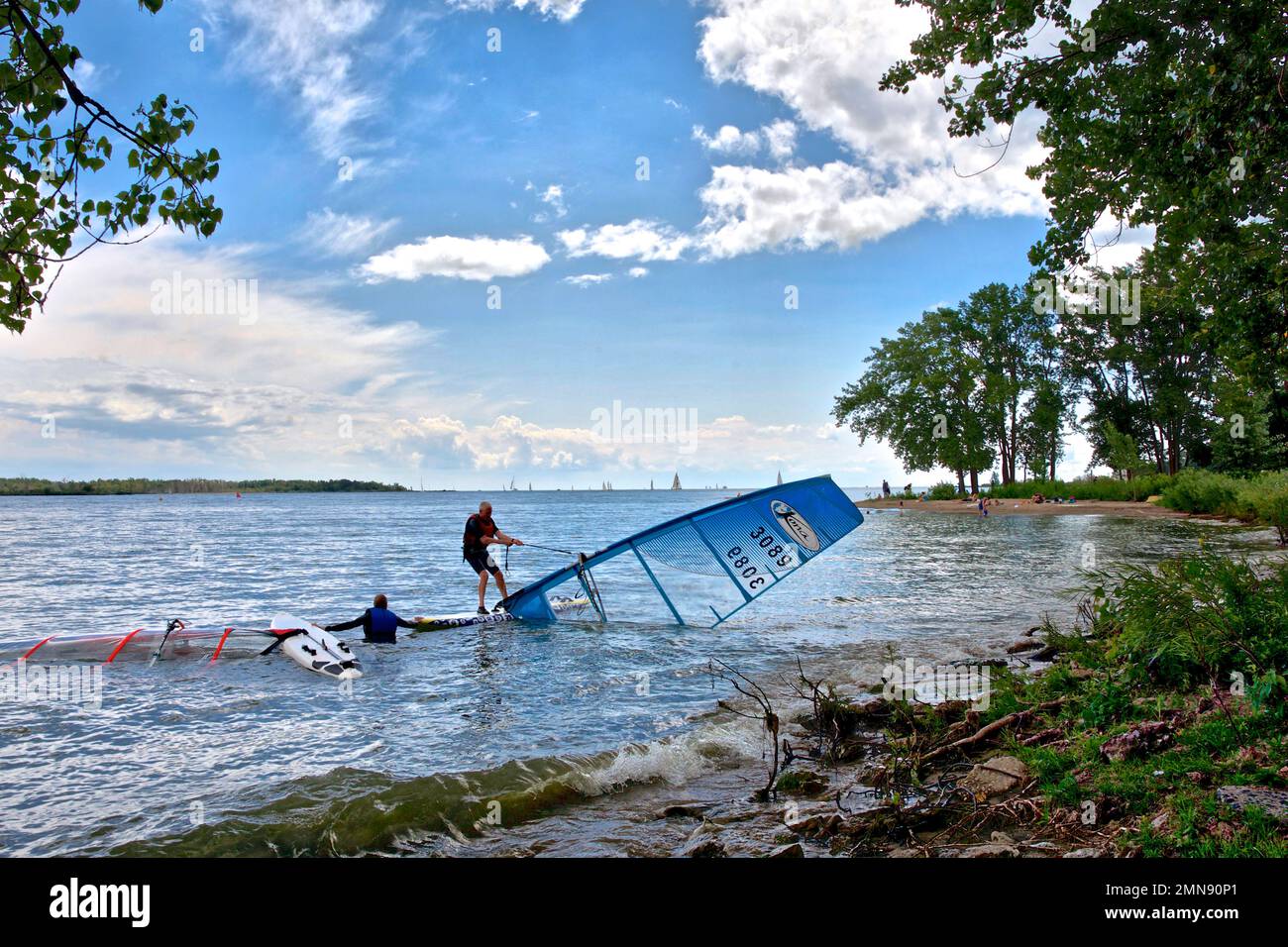 El hombre tratando de sacar a colación su vela de windsurf Foto de stock