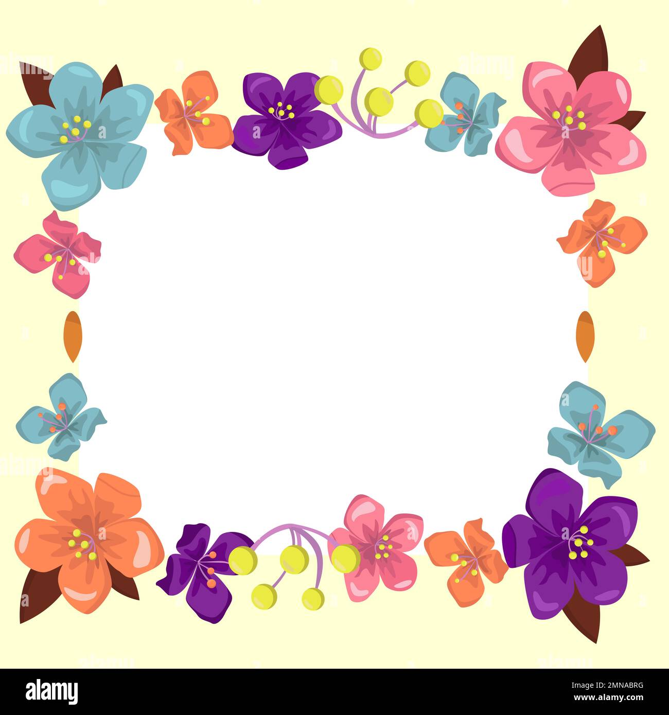 Marco amarillo claro decorado con flores de colores y follaje dispuestos  armoniosamente. Cartel vacío Borde rodeado de ramo multicolor organizado  Imagen Vector de stock - Alamy